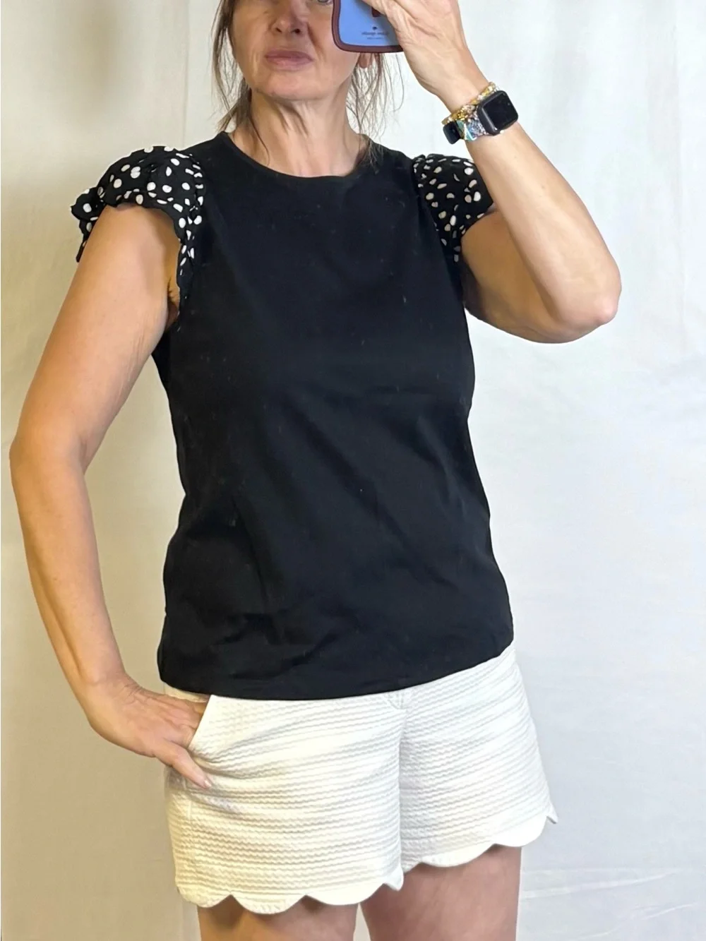 kate spade Black Top with Polka Dot Puff Sleeves